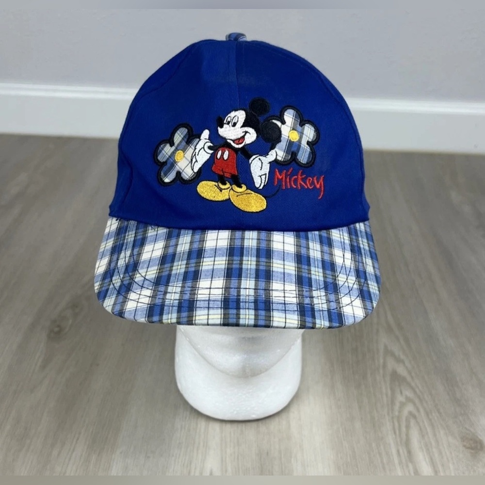 Vintage 90s Mickey Unlimited Plaid Embroidered Flowers Blue Hat Cap Elastic Band